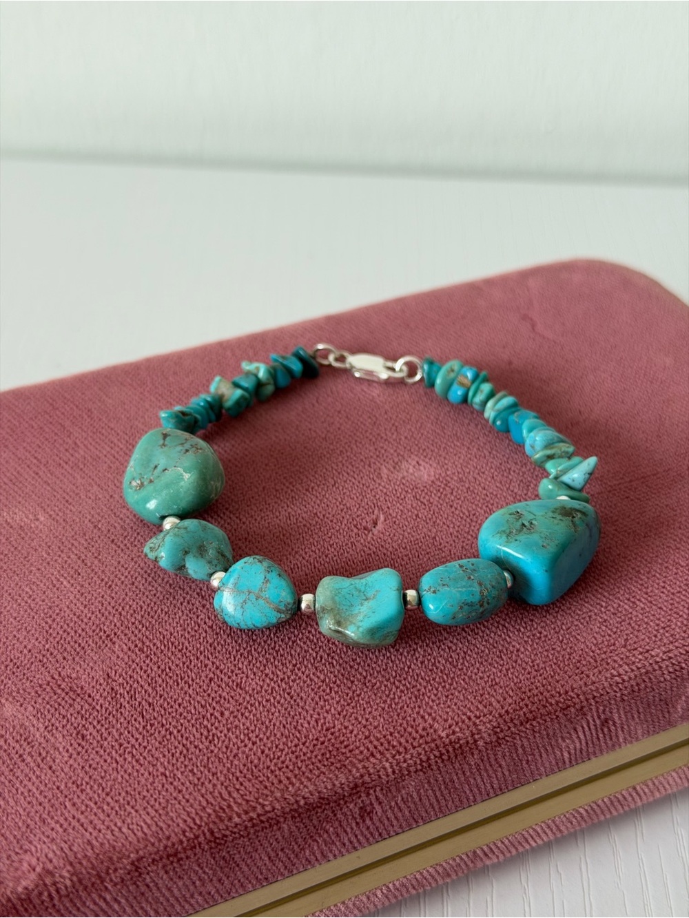 Vintage Turquoise Stone Bracelet with 925 Sterling Silver Clasp – 7.5”